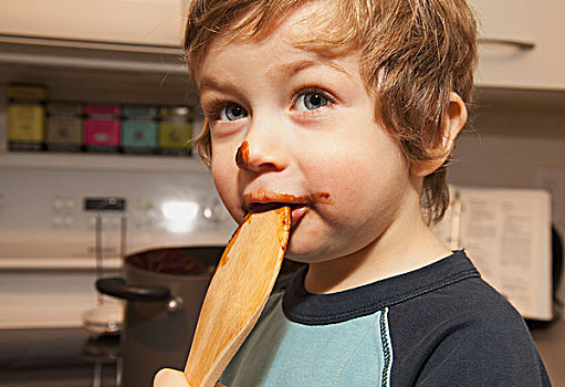 男孩,舔,勺子,巧克力,脸,不列颠哥伦比亚省,加拿大