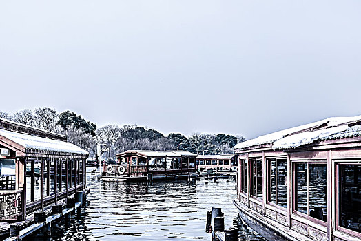 杭州西湖雪景,游船