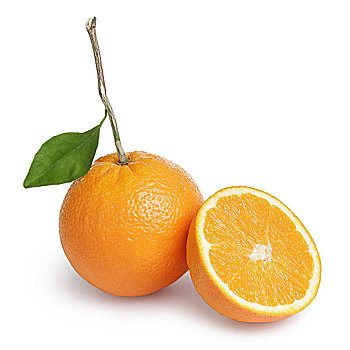 成熟,圆,橘子,一半,茎,叶子,隔绝,白色背景,背景