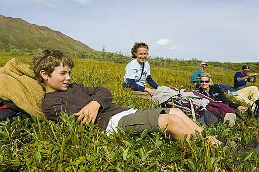 远足者,引导,休息,苔原,靠近,德纳里峰国家公园,室内,阿拉斯加