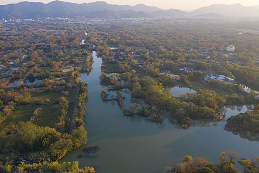 浙江省杭州市西溪湿地公园航拍夕阳