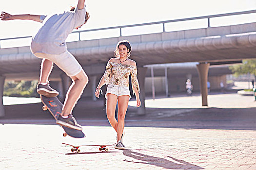 少男,女孩,滑板,晴朗,溜冰场