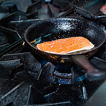三文鱼,烹饪,煎锅,燃气灶