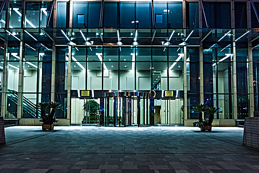 玻璃,入口,现代办公室,建筑,夜晚,上海,中国