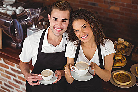 微笑,服务员,女店员,拿着,咖啡杯,头像,咖啡馆
