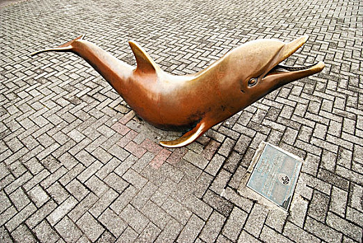 青铜,雕塑,海豚,石头,人行道,凯瑞郡,爱尔兰