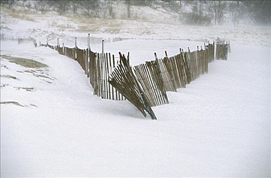 栅栏,积雪,海滩