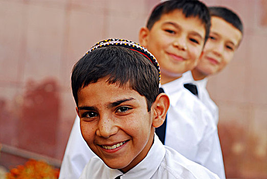 头像,三个,孩子,男孩,校服,站立,一个,后面,阿什哈巴德,土库曼斯坦