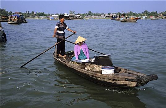 男人,女人,划桨船,湄公河三角洲,越南,亚洲