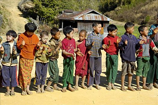 孩子,学生,排列,掸邦,缅甸