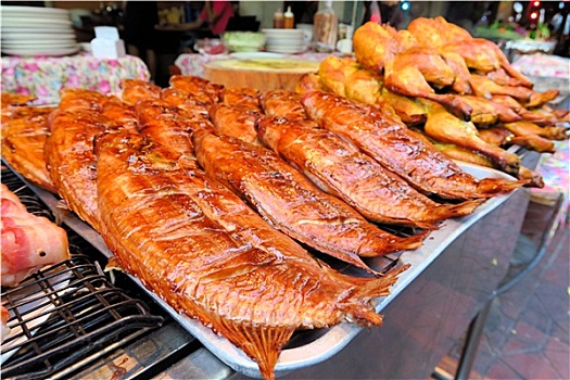排,烤鱼,母鸡,街边市场,曼谷,泰国