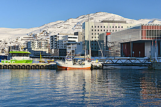 船,住宅,建筑,岸边,湾,哈默菲斯特,挪威,欧洲