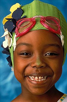 夏威夷,微笑,黑人女孩,彩色,绿色,泳帽