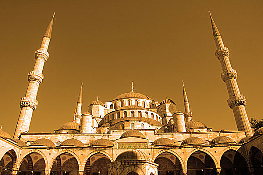 清真寺,两个,尖塔,日落,伊斯坦布尔