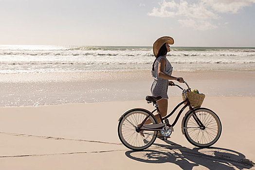 美女,自行车,走,海滩