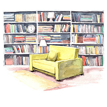 水彩,插画,现代,图书馆,房间,扶手椅,很多,彩色,书本