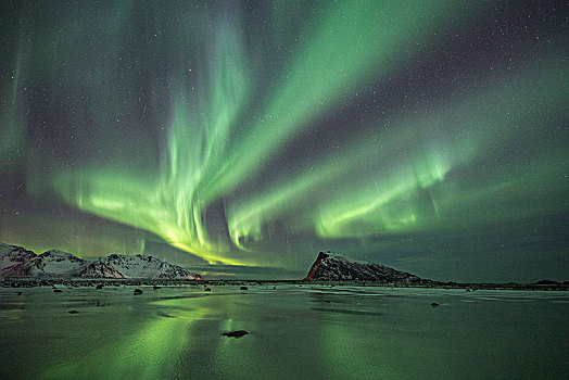 北极光,上方,冰冻,湖,罗弗敦群岛,挪威,欧洲