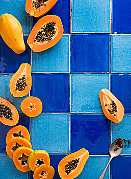 新鲜,木瓜,切片,蓝色,砖瓦,表面