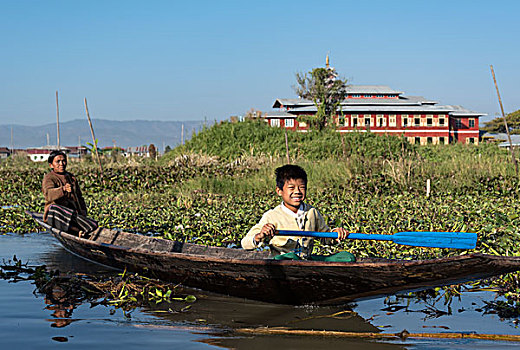 人,母子,划艇,茵莱湖,缅甸,亚洲