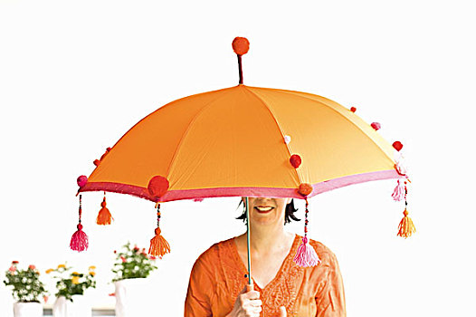 女人,橙色,巴厘岛,伞