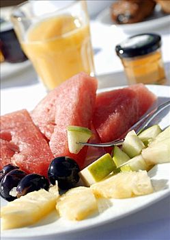 盘子,水果,果汁,蜂蜜,早餐