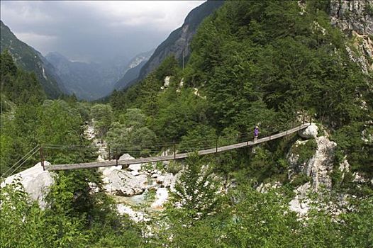 吊桥,上方,河,靠近,城镇,朱利安阿尔卑斯,斯洛文尼亚