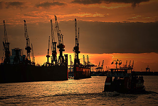 日落,港口,起重机,驳船,汉堡市