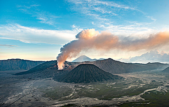 风景,火山,日落,烟,婆罗莫,山,国家公园,爪哇,印度尼西亚,亚洲