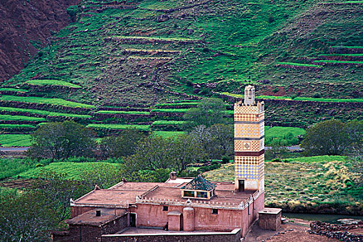 摩洛哥,德拉河谷,几何,贴砖工艺,尖塔,清真寺,梯田,背景