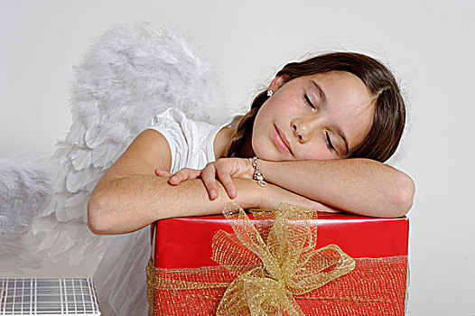 疲倦,女孩,装扮,圣诞节,天使,礼物