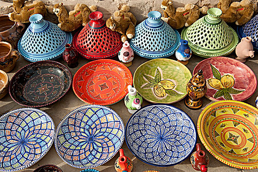 彩色,手制,陶瓷,就绪,出售,纪念品,乡村,靠近,泰塔温,南方,突尼斯,北非,非洲