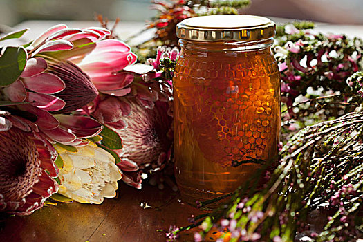 罐,蜂蜜,蜂窝,围绕,花