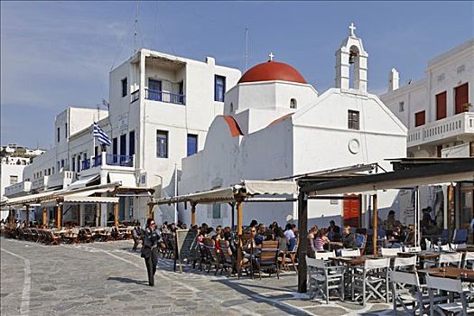 酒馆,教堂,港口,米克诺斯岛,希腊