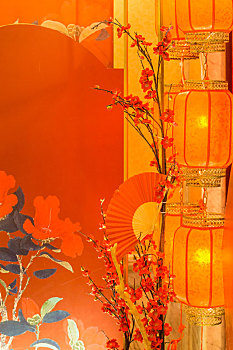 中国古典室内装饰宫灯纸扇屏风特写