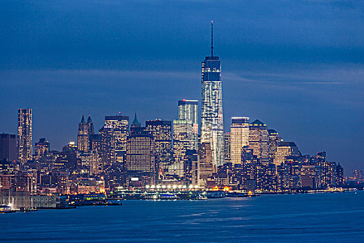 美国,纽约,俯视图,下曼哈顿,自由,塔,新泽西,黃昏