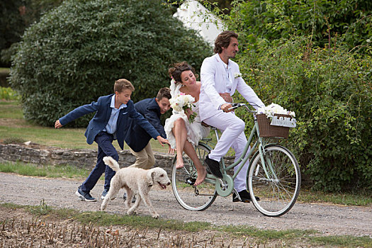 孩子,婚礼,客人,跑,新婚夫妇,自行车