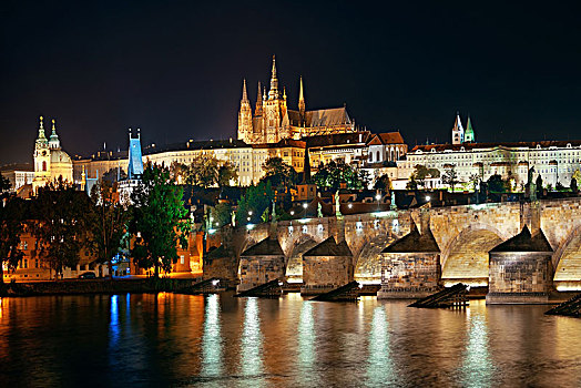 布拉格,天际线,桥,上方,河,捷克共和国,夜晚,全景