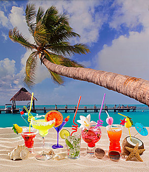 彩色,热带,鸡尾酒,海滩,白色背景,沙子,棕榈树