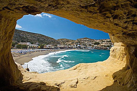 洞穴,海滩,马塔拉,克里特岛,希腊,欧洲