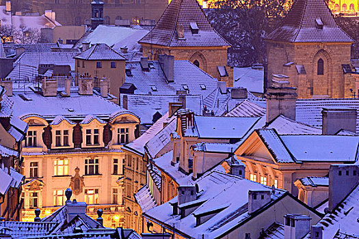 布拉格,冬天,风景,城镇,屋顶,遮盖,雪