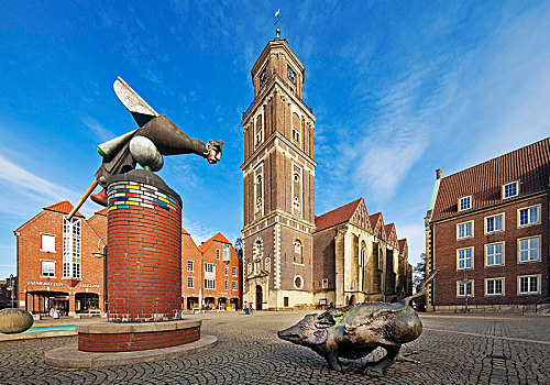 教堂,雕塑,市场,明斯特地区,北莱茵威斯特伐利亚,德国,欧洲