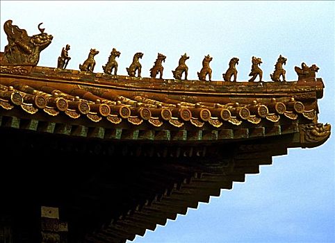 龙,小雕像,屋顶,建筑,故宫,北京,中国