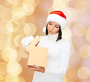 圣诞节,冬天,高兴,休假,人,概念,女人,圣诞老人,帽子,礼盒,上方,米色,背景