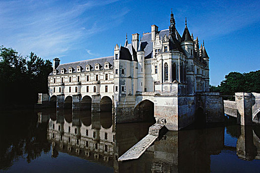 反射,城堡,水中,舍农索城堡,河,谢尔河,卢瓦尔河谷,法国