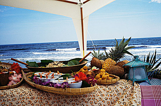 加勒比海,自助餐,海滩,稻米,豆,虾,热带水果