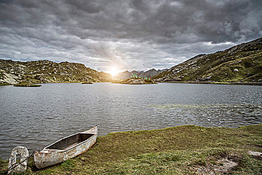 独木舟,湖,日落,提契诺河,瑞士,欧洲