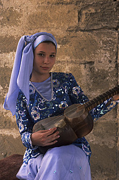 阿塞拜疆,靠近,巴库,庙宇,女人,吉他