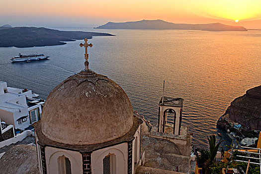 教堂,圆顶,陡坡,风景,上方,晚上,亮光,圣托里尼岛,爱琴海,基克拉迪群岛,爱琴海岛屿,希腊