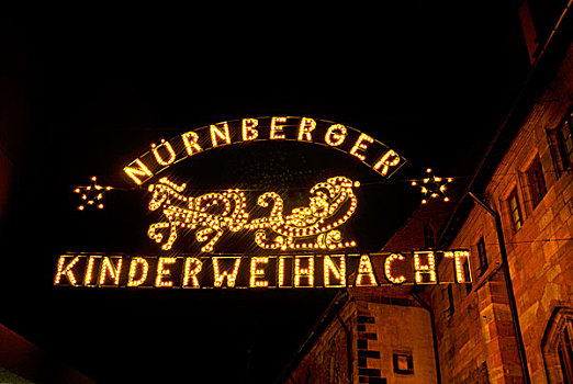 光亮,入口,标识,圣诞节,市场,纽伦堡,巴伐利亚,德国,欧洲