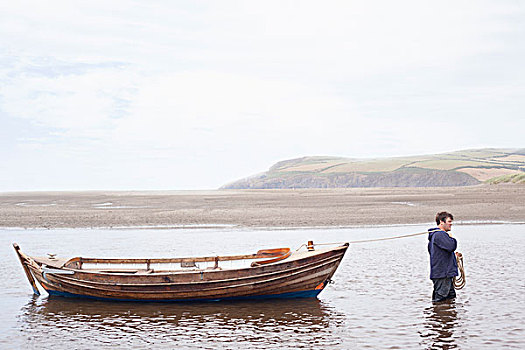 男人,拉拽,划艇,水,威尔士,英国